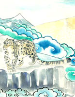 child's drawing of a snow leopard drinking from a stream