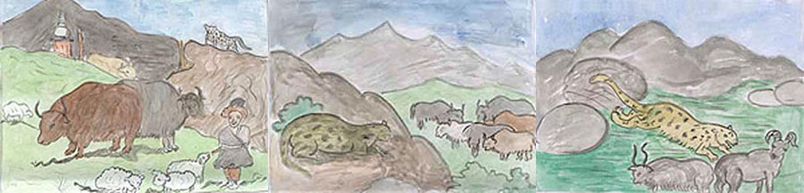 three kids drawings of snow leopard country