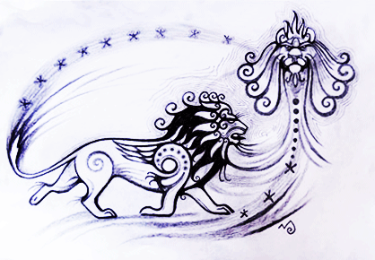 Ink drawing of lion and lion spirit