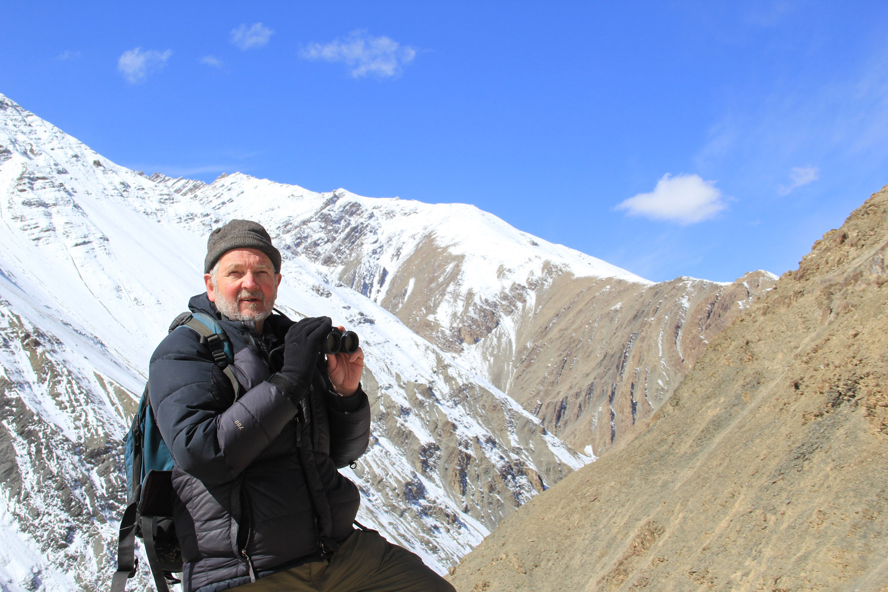 Dr. Rodney Jackson searching for snow leopards in Hemis National Park in the Indian Himalayas.