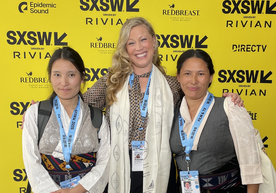Photo of filmmaker Sonam Choekyi Lama, Snow Leopard Conservancy Executive Director Ashleigh Lutz-Nelson, and conservationist Tshiring Lhamu Lama at the SXSW film festival