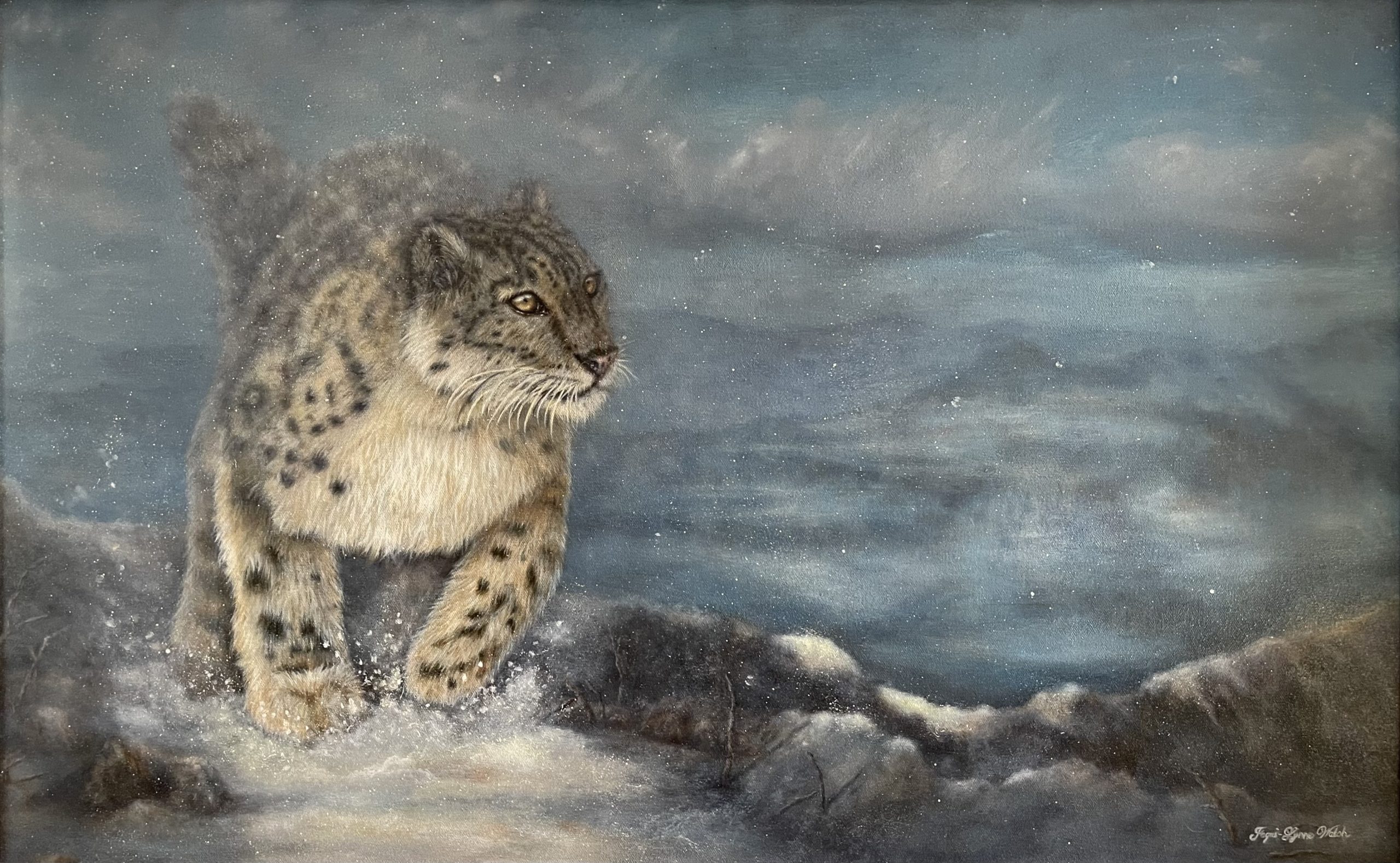 Painting of a snow leopard running down a high mountain trail in the snow.