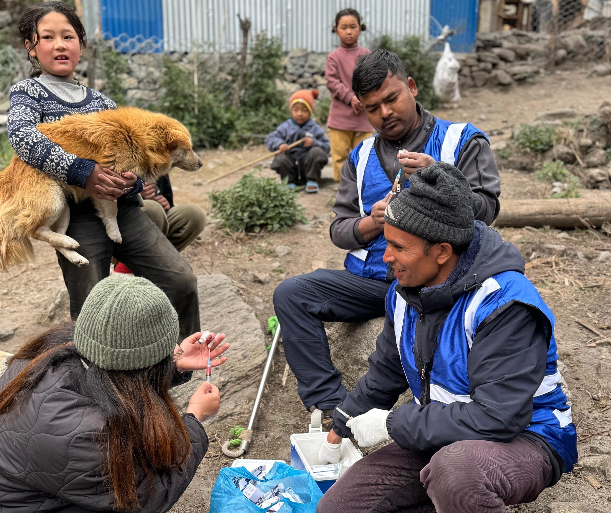 The Animal Nepal OHOW team along with clinic participants assist Dr. Sajana Thapa in drawing up rabies vaccinations during a One Health One Welfare initiative veterinary clinic in rural Manang, Nepal.