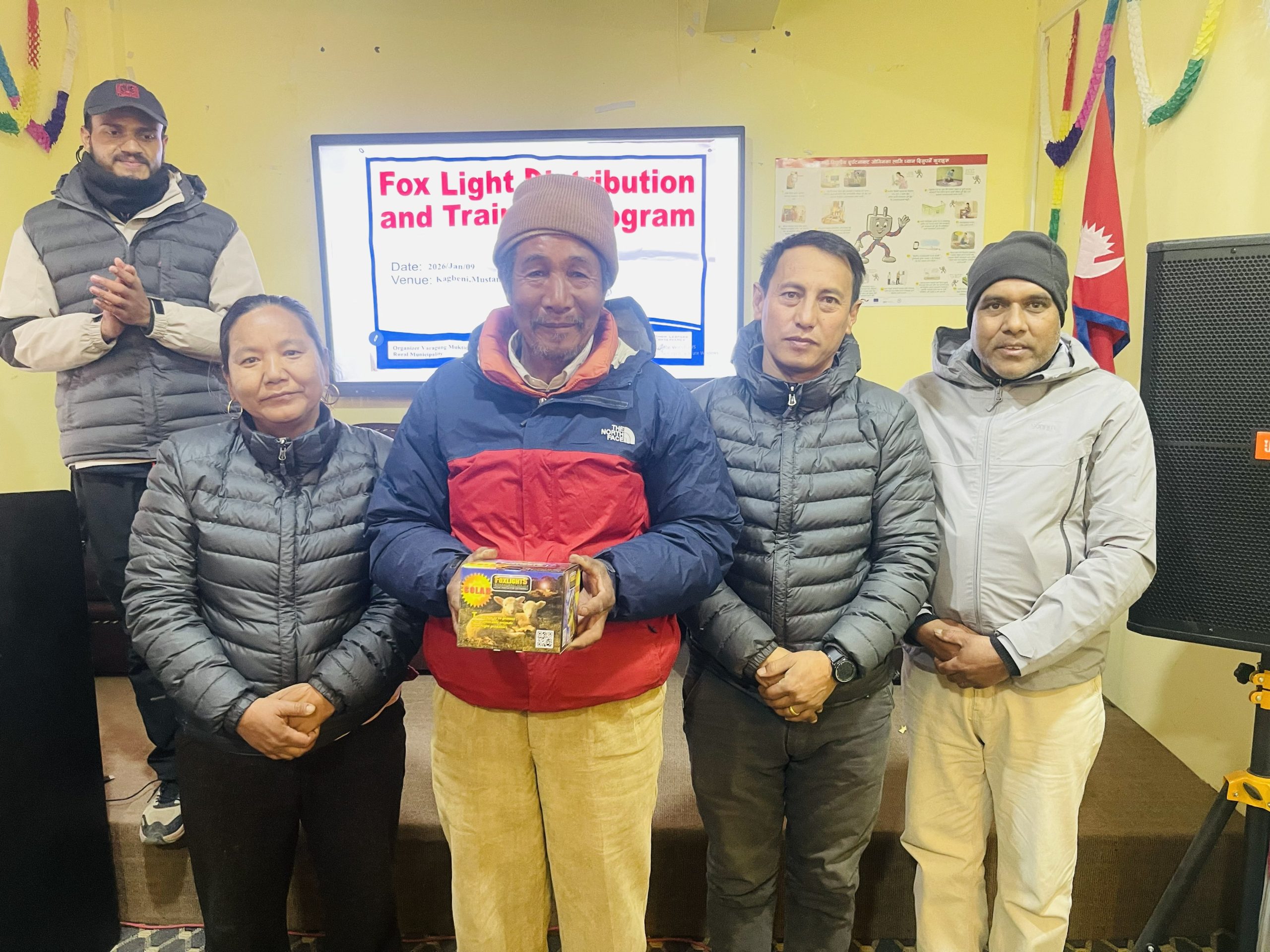Community mobilizer Mr. Niraj Thakali distributed Foxlights, nighttime predator deterrents, to herders. The devices flash intermittently to deter snow leopards and other predators from livestock areas. Photo Credit: CBSLCP